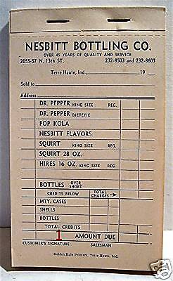 Dr Pepper Soda Salesman Sales Receipt Book Terre Haute  