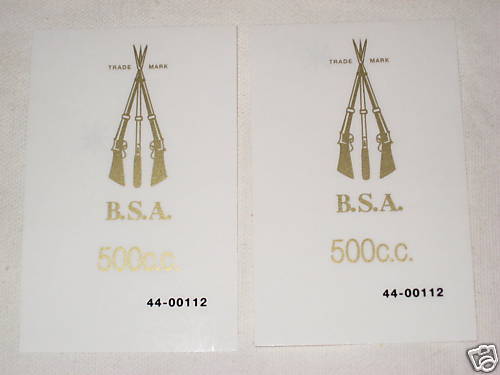 BSA motor Cycles piled arms side cover decals 500cc  