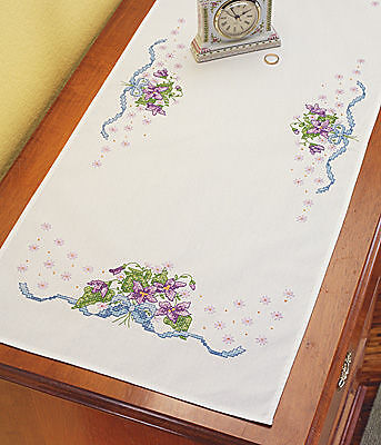 Janlynn Stamped Cross Stitch Kit   violets dresser scarf  