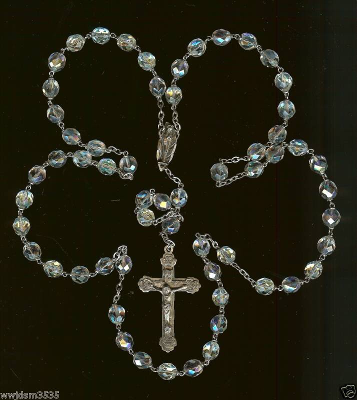   Silver Double Capped Aurora B.8MM 23 Lg. Crystal Rosary 68 Gr  