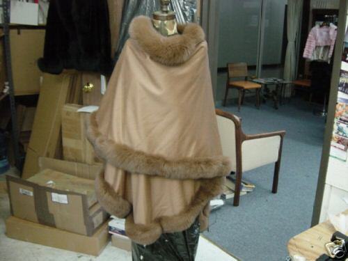 100% CASHMERE SWING CAPE COAT CAMEL BROWN FOX BORDER  