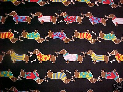 DACHSHUND DOGS IN SWEATERS ON BLACK FABRIC BTY NEW  