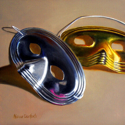 DANFORTH Two Masks original still life 6x6 oil painting. More in my 