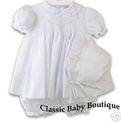 NWT Petit Ami White Smocked Lace 3PC Dress Preemie Reborn Baby Girls Bonnet