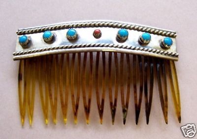 Vintage Mexican turquoise coral silvertone hair comb  