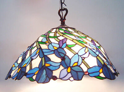 TIFFANY IRIS VIOLET FLOWERS FLORAL STAINED GLASS HANGING PENDANT LAMP 