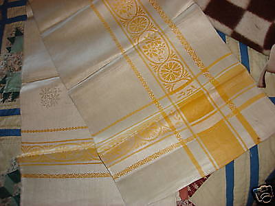 Antique LINEN ECRU/GOLD DAMASK TABLECLOTH  