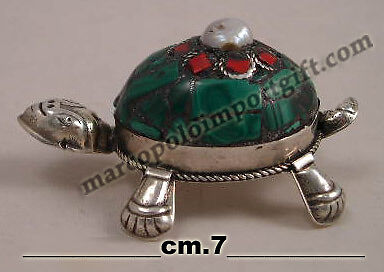 TARTARUGA TURTLE MALACHITE CORALLO E ARGENTO INDIANO  